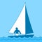 Small sailing boat. Sloop. Ship coming through waves under sail. Man on board. Vector illustrations