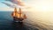 Small sailing ship in the open sea at sunset. Majestic Dawn