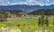 A small settlement in the beautiful valley among mountains. Top view of a small village in green valley among mountains