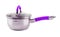 small shiny stainless steel pot with purple handle and glass lid - isolated on white