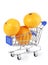 Small shopping cart with three orange mandarins