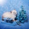 Small siberian kitten and xmas tree in snow
