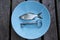 Small silver fish on a plate with antique key