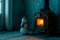 Small snowman next to a lit stove in a room with a wooden floor. Concept climate change