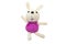Small soft children`s toy bunny with white wool hair, purple round body, nose and eyes from black beads, isolated on white