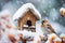 Small sparrow bird next to feeding house in snow during winter