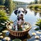 A small spotty puppy dalmatian floats down the river in a wicker round basket.