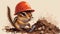 A small squirrel with a hard hat digging in the dirt, AI