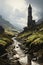 Small Stream Running through a Grassy Field next to a Tower in t