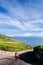 Small street and lake Geneva view of Chexbres village in Lavaux near Vevey and Montreux, vineyard town