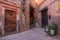 Small street in Marrakech`s medina old town. In Marrakech the houses are traditionally pink. Morocco