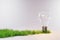 Small strip of growing plants and trees with standing light bulb, nature on neutral grey background; conceptual energy saving; 3D