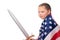 A small strong girl with an American flag and a sword.