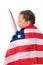 A small strong girl with an American flag and a sword. Isolation on white