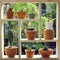 Small succulent pot plants decorative on wood window with morning warm light