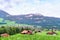 Small Swiss village and mountains on horizon.