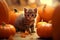 A small tabby kitten with pumpkins and maple leaves, cute cat in autumn season and harvest festival halloween and thanksgiving