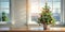 a small table top Christmas tree with seamless decoration by a bright glass window Generative By AI