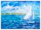 Small Tall Ship with White Sail Floating at Deep Blue Sea, Watercolor