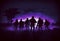 A small team of armed men in military uniform go on reconnaissance at night, seeing only silhouettes in purple light. AI