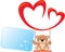 Small teddy bear sitting on a swing of two hearts and keeps in the paw of greeting card.