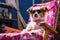 a small terrier with round sunglasses lounging on a deck chair