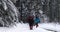 A small tourist group climbs a snowy road