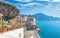 Small town Atrani on Amalfi Coast in province of Salerno, in Campania region of Italy. Amalfi coast is popular travel and holyday