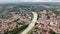 Small town or city with a river, aerial drone summer view, Uzhgorod Transcarpathia Ukraine