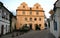 Small town`s local post office housed in a Renaissance building, view at sunset, Cesky Krumlov, Czech