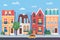 Small town street cartoon vector illustration cityscape, cute spring or summer urban landscape. Funny colored houses