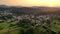 Small town at sunrise, aerial footage