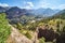 Small town surrounded by mountains from overlook above walking bridge and canyon