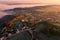 Small town village during the sunrise with fog. surrounded by hills in lower austria. Aerial drone photo