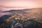 Small town village during the sunrise with fog. surrounded by hills in lower austria. Aerial drone photo