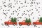 Small toy cars carring christmas tree on white background . Sesonal holidays, greeting card, christmas mood concept