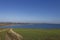 A small track cutting through Farmland and recently sown Fields of grass with a view of Lunan Bay.