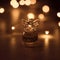 A small transparent angel with wings holds a star on a dark brown background with bright lights bokeh. Glass angel close up, macro