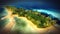 Small tropical island in Maldives atoll from aerial view 3d rendering