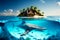 Small tropical island in the middle of the ocean with palm trees and sharks underwater