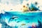 Small tropical island in the middle of the ocean with palm trees and sharks underwater. Colorful watercolors illustration.