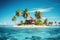 Small tropical island with palms and hut surrounded sea blue water. Scenery of tiny island in ocean