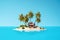 Small tropical island with palms and hut surrounded sea blue water. Scenery of tiny island in ocean