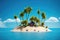 Small tropical island with palms and hut surrounded sea blue water. Scenery of tiny island in ocean