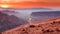 Small unknown seed sprouting on the edge of a mountain of mars, red sky, sunset and dawn and deep dead valley in the background
