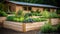 This small urban backyard garden contains square raised planting beds for growing vegetables and herbs throughout the