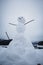 Small version of a snowman. Winter landscape at Soesetalsperre in Harz Mountains National Park, Germany. Moody snow scenery in