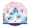 Small village on the mountain - two houses and barn, snow-covered trees and snowdrifts - Vector cartoon illustration