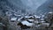 A small village nestled amidst a snowy landscape surrounded by dense trees in the middle of a forest, Snow-covered rooftops of a