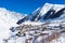 Small village in winter with Caucasus mountain. Ushguli famous landmark in Svaneti Georgia is one of the highest settlements in